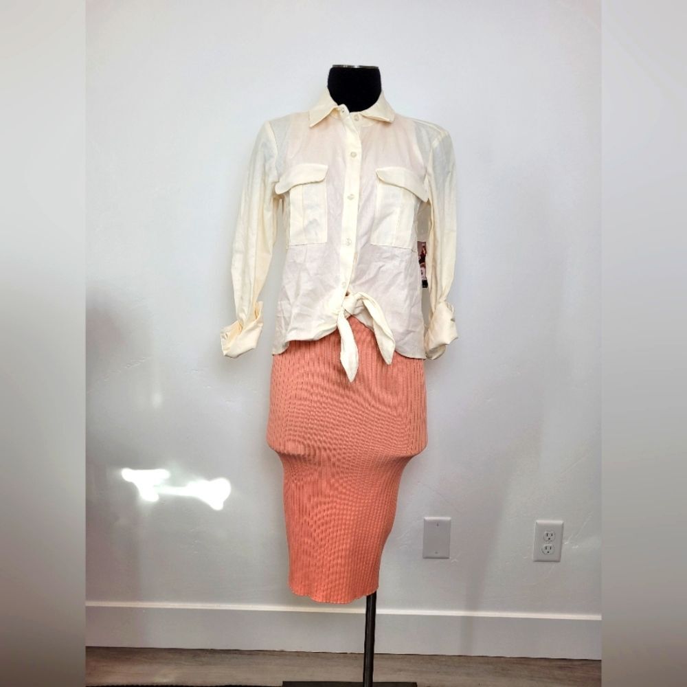 Women's XS Outfit Ribknit Bodycon Dress Linen Button Waist Tie Shirt Pink White